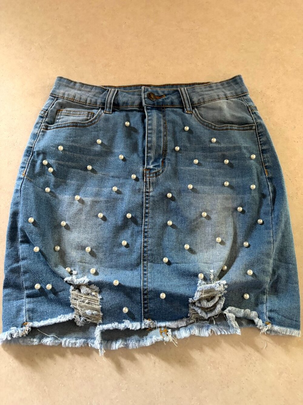 Women's Jean Denim skirt Size Large Embellished with Pearls Shein